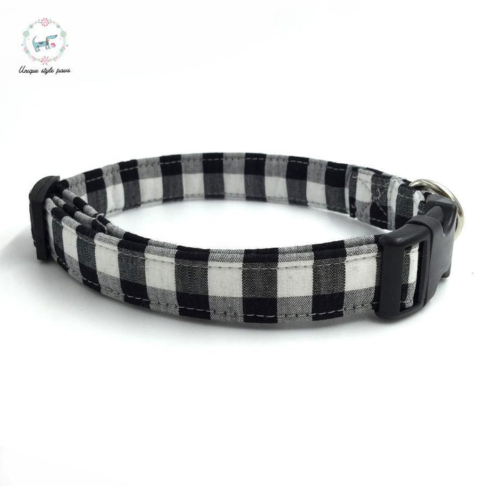 Black and white plaid dog collar set with bow tie