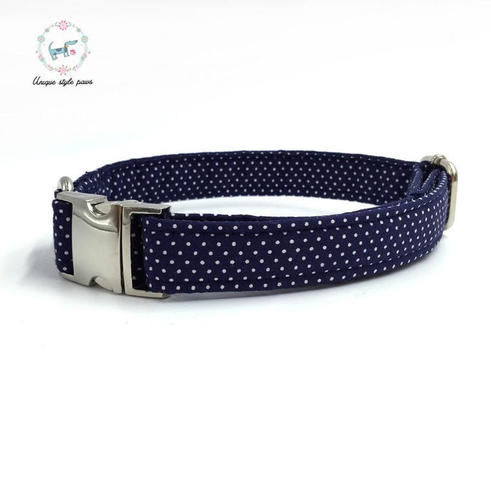 Navy blue polka dot dog collar and leash set with bow tie