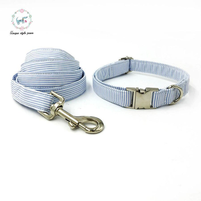 Blue striped dog collar set with bow tie and leash
