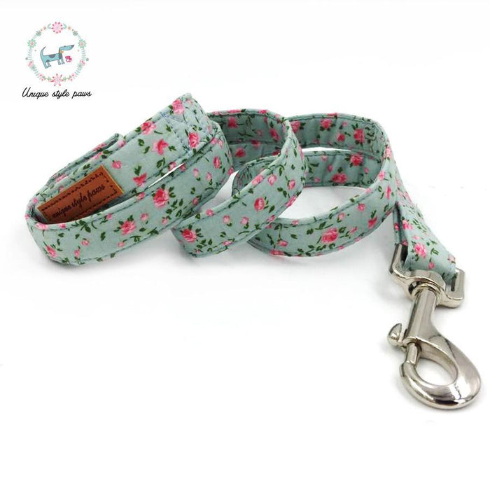 Pretty Rose Floral Dog Collar and Leash Set with Bow Tie