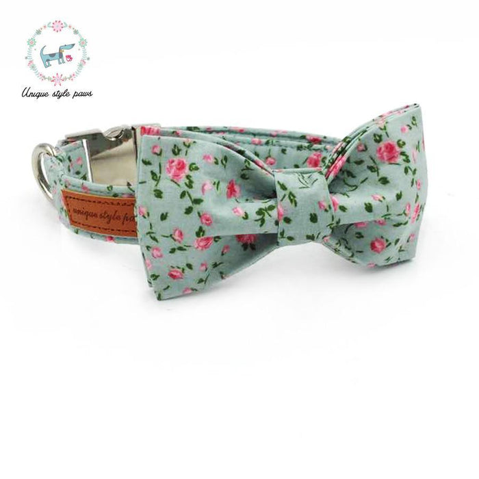 Pretty Rose Floral Dog Collar and Leash Set with Bow Tie