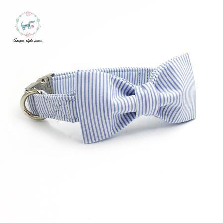 Blue striped dog collar set with bow tie and leash