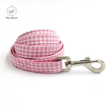 Pink and White Plaid Dog Collar and Leash Set with Bow Tie