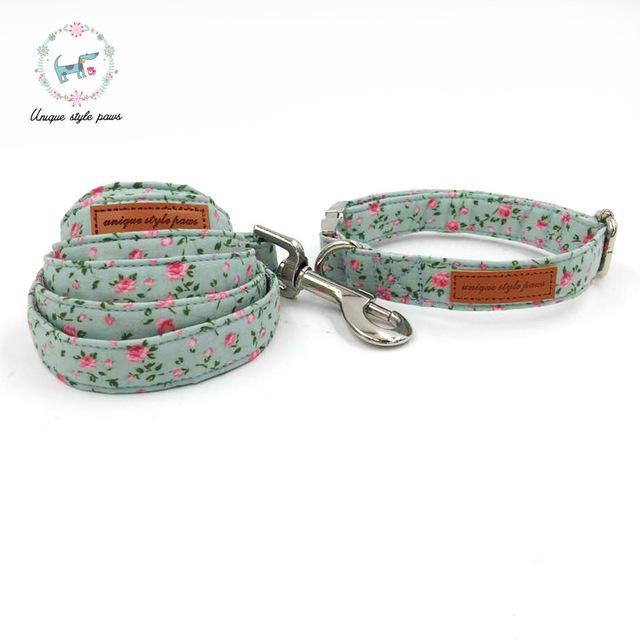 Pretty Rose Floral Dog Collar and Leash Set with Bow Tie