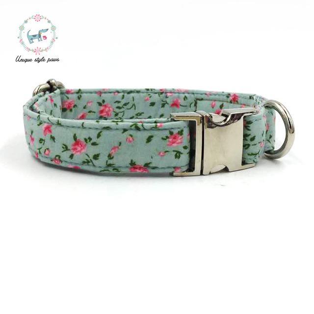 Pretty Rose Floral Dog Collar and Leash Set with Bow Tie